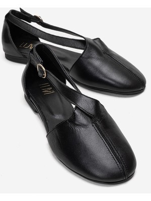 Luvi Fable Siyah Cilt Hakiki Deri Yanları Açık Kadın Babet Ayakkabı