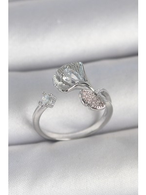 Ugrx Pirinç Gümüş Renk Zirkon Taşlı Deniz Kabuğu Model Ayarlanabilir Kadın Yüzük