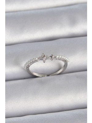 Ugrx Pirinç Gümüş Renk Zirkon Taşlı Sıralı Inci Ayarlanabilir Model Kadın Yüzük