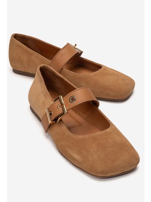 Luvi Jonas Taba Süet Hakiki Deri Kemerli Kadın Babet Ayakkabı