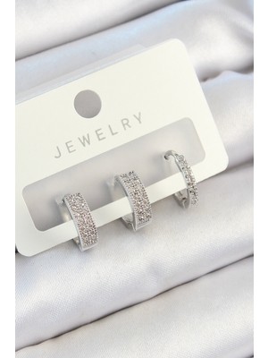 Ugrx Pirinç Zirkon Taşlı Halka Model Gümüş Renk 3&AMP;#39LÜ Çift Kadın Küpe Set