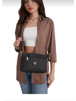 Özüm Çanta Kadın Deri 3 Bölmeli Çapraz Omuz Çantası Siyah