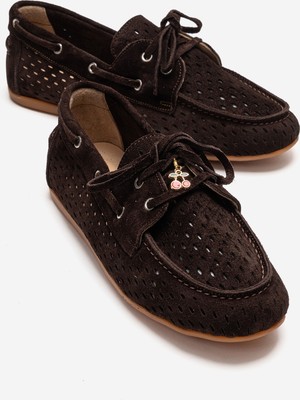 Luvi Stevo Kahverengi Süet Hakiki Deri Delikli Bağcıklı Kadın Loafer Ayakkabı