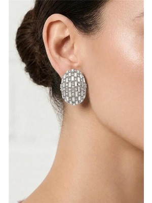 Petek Aksesuar Abiye Full Taşlı Oval Stud Küpe