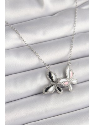 Ugrx 316L Çelik Gümüş Renk Zincir Zirkon Taşlı Renkli Kelebek Model Kadın Kolye