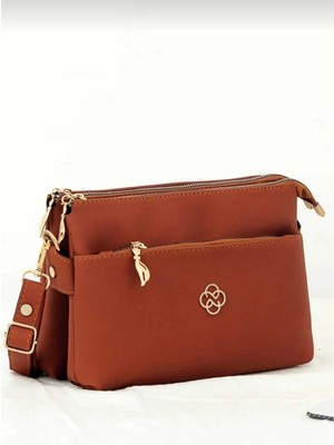 Özüm Çanta Kadın Deri 3 Bölmeli Çapraz Omuz Çantası Taba