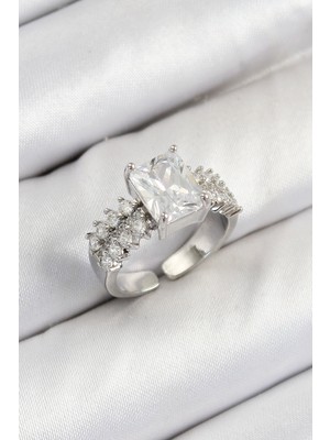 Ugrx Pirinç Büyük Zirkon Taşlı Model Gümüş Renk Kadın Yüzük