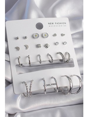 Ugrx Pirinç Gümüş Renk Papatya Detaylı 12 Çift Kadın Küpe Seti