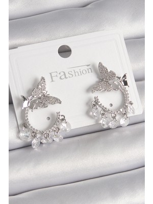 Ugrx Pirinç Gümüş Renk Zirkon Taşlı Sallantı Detay Kelebek Model Kadın Küpe