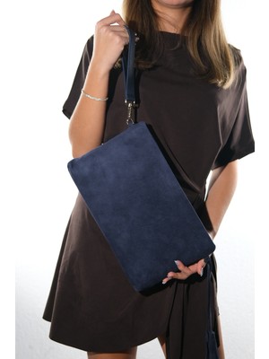 Luvi Morden Lacivert Süet Hakiki Deri Kadın Clutch Çanta