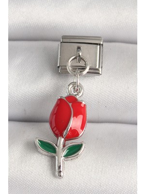 MK Beykoz 316L Çelik Gümüş Renk Kırmızı Gül Model Charm