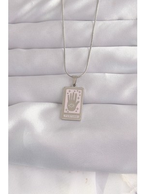 Ugrx 316L Çelik Gümüş Renk Pembe Mineli El Figür Tarot Kolye