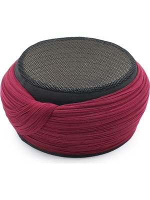 Sarıkhane Fileli Sarık – Bordo Kumaş – Siyah Takke – Yuvarlak Sarım – Fileli – 5 Metre