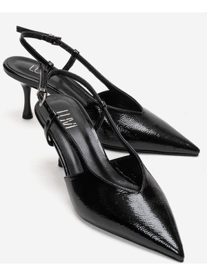 Luvi Irena Siyah Kırışık Rugan Arkası Açık Sivri Burunlu Kadın Topuklu Ayakkabı
