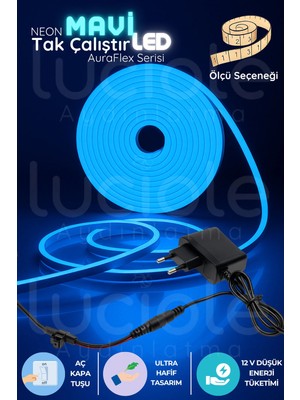 Luciole 5 Metre Neon Mavi LED Şerit | Auraflex | Aç-Kapa Fişli Pratik Çizgisel Aydınlatma
