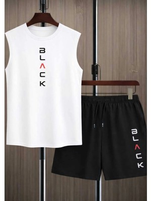 Punix Büyük Beden Özel Seri Black Baskılı %100 Pamuk  Erkek Kolsuz T-Shirt Şort Takımı