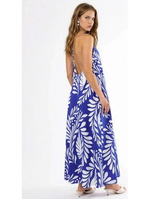 Hiccup Kadınlar Boyundan Bağlamalı Desenli Maksi Elbise Maya Mavisi