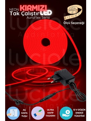 Luciole 3 Metre Kırmızı Neon LED Şerit | Auraflex Serisi | Fişli Aç-Kapa Dekoratif Işık