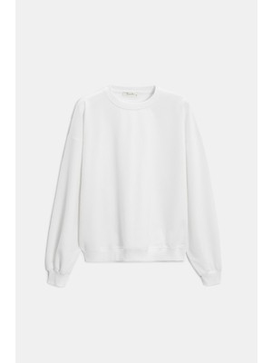 Saade Beyaz Kadın Oversize Bisiklet Yaka Basic Casual Sweatshirt