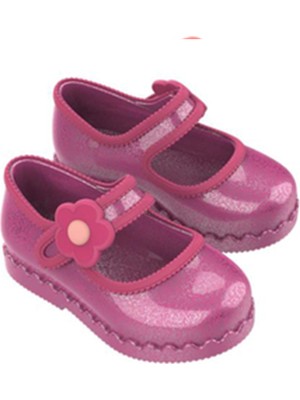 Mini Melissa Parlak Simli Çiçek Detaylı Kız Çocuk Babet Ayakkabı
