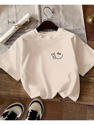 Punix Büyük Beden Özel Tasarım Gülücük Emoji Baskılı %100 Pamuk Oversize Kadın Battal T-Shirt