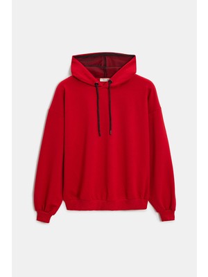 Saade Kırmızı Kadın Oversize Kapüşonlu Basic Hoodie Sweatshirt
