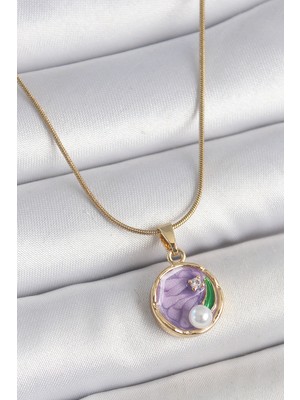 Sibelora Home 316L Çelik Gold Renk Zincir Mor Çiçek Işlemeli Zirkon Taş Inci Detaylı Minimal Portre Model Kadın Kolye