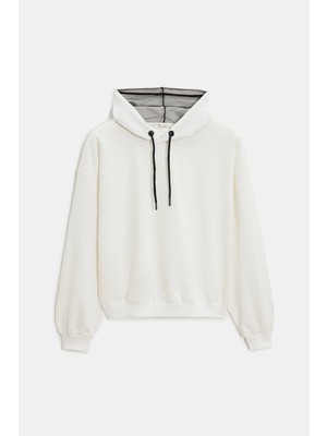 Saade Ekru Kadın Oversize Kapüşonlu Basic Hoodie Sweatshirt