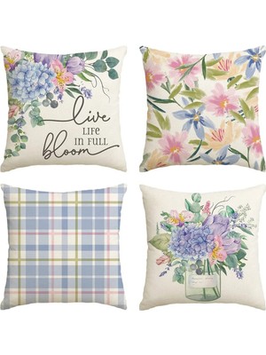 Bebişim Halı 4’lü Pastel Çiçek ve Ekose Desenli Kırlent Kılıfı Seti Live Life In Full Bloom Yazılı Dekoratif Yastık