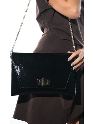 Luvi Maorı Siyah Kırışık Rugan Kadın Clutch Çanta