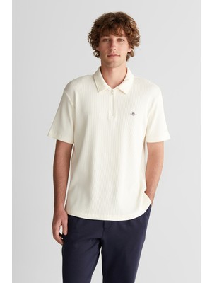 Gant Erkek Krem Relaxed Fit Yarım Fermuarlı Logolu Polo Yaka T-Shirt 2426144T.130