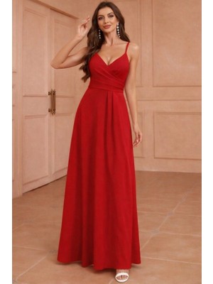 Equri Kadın Ip Askılı Kruvaze Yakalı Yırtmaçlı Uzun Ithal Krep Elbise