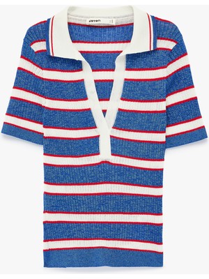 Koton Viskon Karışımlı Rayon Kumaş Polo Yaka Kısa Kollu Çizgili Triko Kazak