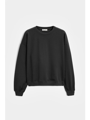 Saade Siyah Kadın Oversize Bisiklet Yaka Basic Casual Sweatshirt