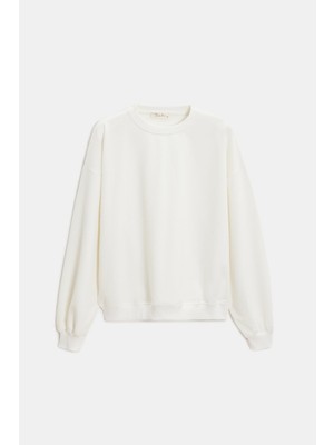 Saade Ekru Kadın Oversize Bisiklet Yaka Basic Casual Sweatshirt