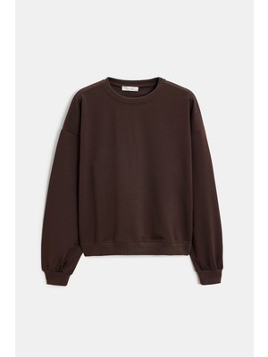 Saade Acı Kahverengi Kadın Oversize Bisiklet Yaka Basic Casual Sweatshirt