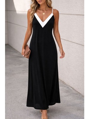 Infivento Kadın Ip Askılı Keskin V Yakalı Uzun Viskon Elbise