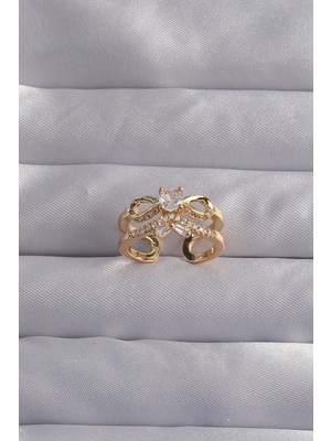 Sibelora Home Pirinç Ayarlamalı Gold Renk Zirkon Taşlı 2li Görünüm Fiyonk Yüzük