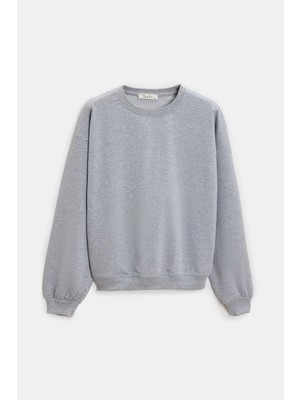 Saade Gri Kadın Oversize Bisiklet Yaka Basic Casual Sweatshirt