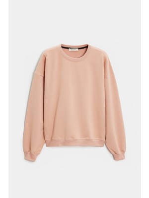 Saade Koyu Pudra Kadın Oversize Bisiklet Yaka Basic Casual Sweatshirt