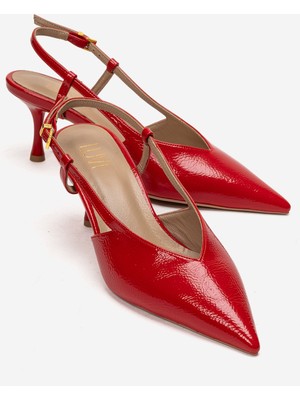 Luvi Irena Kırmızı Kırışık Rugan Arkası Açık Sivri Burunlu Kadın Topuklu Ayakkabı