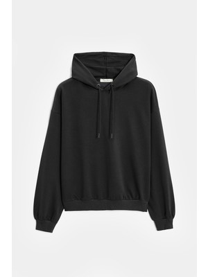 Saade Siyah Kadın Oversize Kapüşonlu Basic Hoodie Sweatshirt