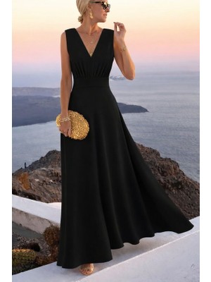 Arben Boutique Kadın Askılı V Yakalı Bel Korsaj Detaylı Uzun Ithal Krep Elbise