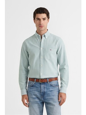Gant Erkek Yeşil Regular Fit Çizgili Logolu Gömlek 3000230.376