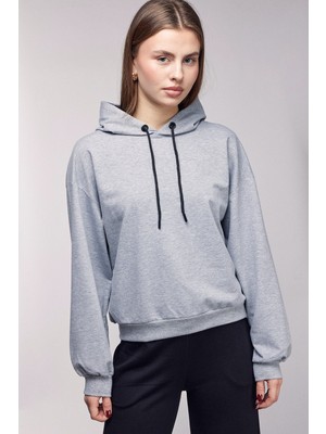 Saade Gri Kadın Oversize Kapüşonlu Basic Hoodie Sweatshirt