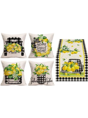 Bebişim Halı Vintage Limon & Ekose Desenli Dekoratif 4’lü Kırlent Kılıfı ve Runner Seti