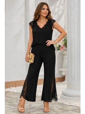 Arben Boutique Kadın Kısa Kollu V Dantel Yakalı Sandy Bluz Pantolon Ikili Takım