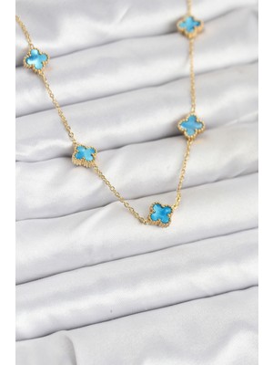 Kuşkaya Ticaret 316L Çelik Zincir Gold Renk Buz Mavisi Baby Boy Yonca Kadın Kolye
