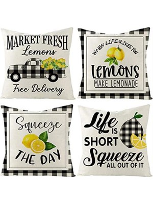 Bebişim Halı 4’lü Limon Yazılı Ekose Desenli Kırlent Kılıfı Seti Squeeze The Day Life Is Short Dekoratif Yastık