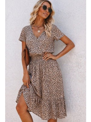 Evyora Kadın Kısa Kollu V Yakalı Beli Lastikli Midi Süprem Elbise